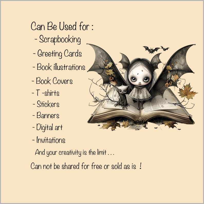 Pu&ograve; includere: Un'illustrazione digitale di una ragazza con ali da pipistrello seduta su un libro aperto con un piccolo gatto nero al suo fianco. L'immagine &egrave; su uno sfondo beige chiaro con il testo "Can Be Used for: - Scrapbooking - Greeting Cards - Book illustrations - Book Covers - T-shirts - Stickers - Banners - Digital art - Invitations And your creativity is the limit... Can not be shared for free or sold as is!"