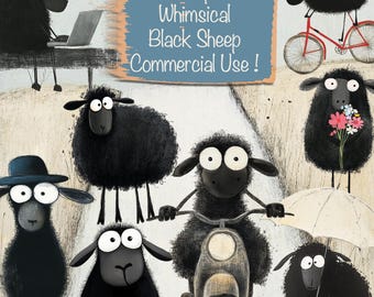 60 PNG grillige zwarte schapen clipartbundel + 15 achtergronden, DIY-kaarten maken, Junk Journal Kit, Scrapbookingbenodigdheden, Commercieel gebruik!
