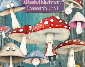 40 PNG Whimsical Mushrooms Clipart Bundle  + 15 Backgrounds, DIY Card Making, Junk Journal Kit, Scrapbooking Supplies, Commercial use!