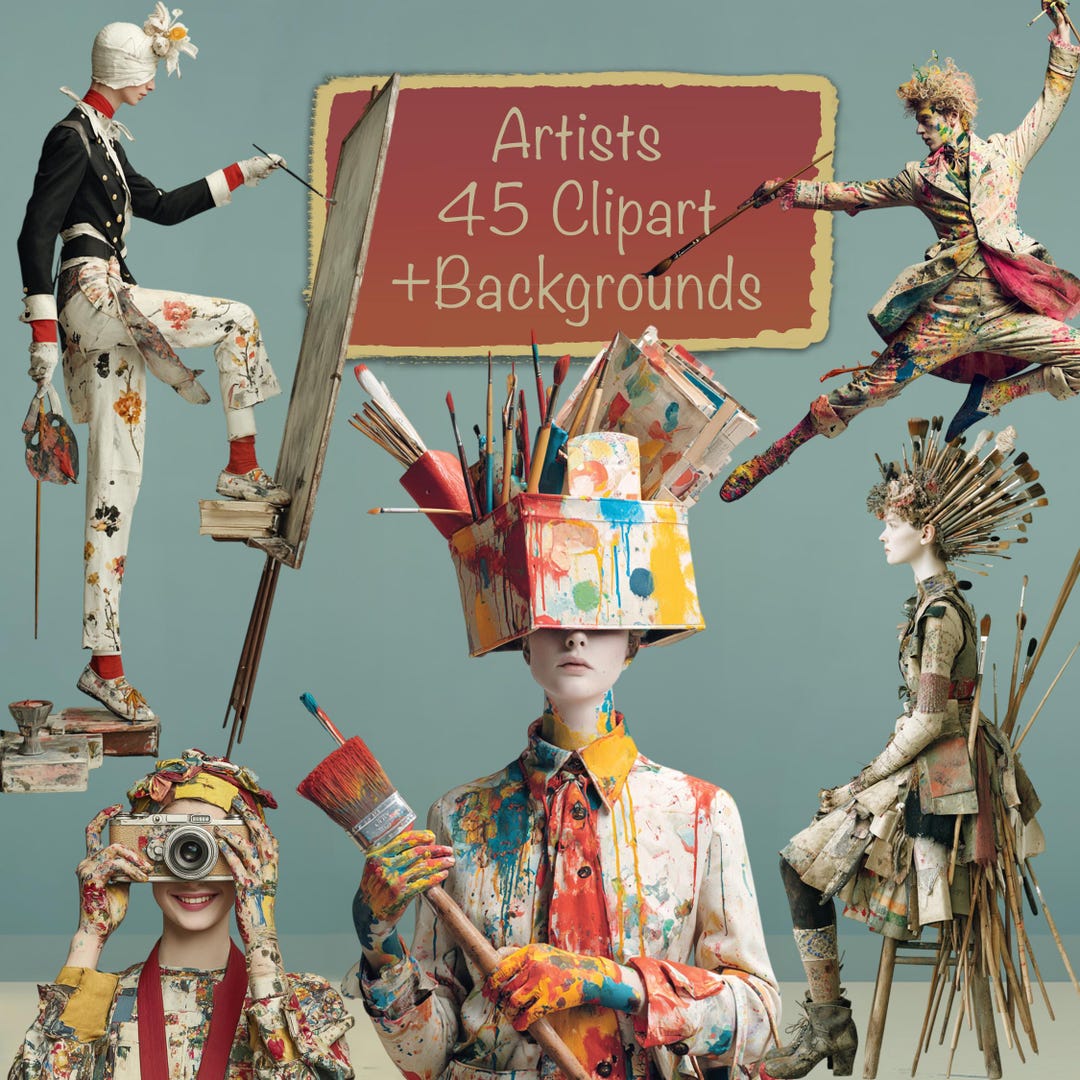 Artists Characters , 45 Clipart Bundle + 15 Backgrounds, for Cards ...