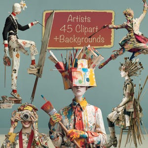 May include: An artistic image showcasing figures covered in paint and art tools. A sign displays "Artists 45 Clipart + Backgrounds." The figures are dressed in paint-splattered attire, holding brushes, cameras, and palettes, indicating an artistic theme and creative inspiration.