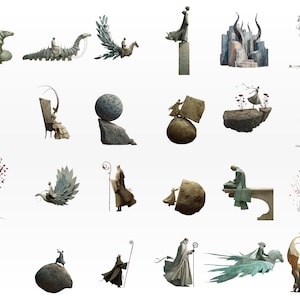 Op de afbeelding: Een verzameling surrealistische illustraties met figuren op fantastische wezens en objecten. De afbeeldingen tonen een verscheidenheid aan stijlen, waaronder sculpturen, figuren op steen en figuren met vleugels. Het kleurenpalet is gedempt, met tinten grijs, beige en blauw.