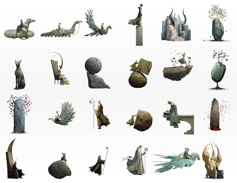Op de afbeelding: Een verzameling surrealistische illustraties met figuren op fantastische wezens en objecten. De afbeeldingen tonen een verscheidenheid aan stijlen, waaronder sculpturen, figuren op steen en figuren met vleugels. Het kleurenpalet is gedempt, met tinten grijs, beige en blauw.