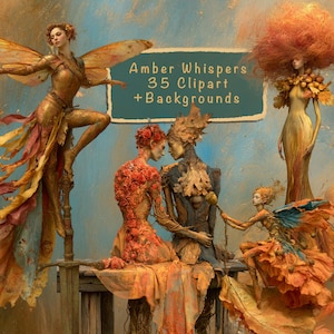 Puede incluir: Una colección de arte digital titulada Amber Whispers 35 Clipart + Backgrounds con figuras etéreas con follaje en tonos otoñales, piel cubierta de rosas y alas, sobre un fondo texturizado de color azul y naranja.
