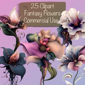 ¡Paquete de 25 imágenes prediseñadas de flores de fantasía PNG, fabricación de tarjetas de bricolaje, kit de diario basura, suministros para álbumes de recortes, uso comercial!