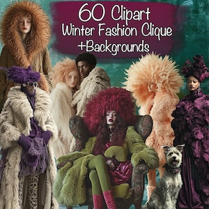 Bundle de cliparts de 60 personnes de mode hivernale + 25 arrière-plans, pour cartes, journal indésirable, scrapbooking, livre, collage, usage commercial !