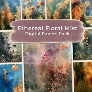 May include: A digital papers pack featuring multiple panels of abstract floral designs with swirling mist, smoke-like textures, and vibrant colors including orange, blue, purple, and green. The text Ethereal Floral Mist Digital Papers Pack is centered.