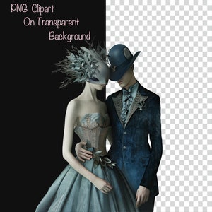 May include: A couple wearing masquerade attire. The woman is wearing a light blue gown with a floral headpiece and a white mask. The man is wearing a dark blue suit with a light blue shirt and a dark blue hat with a white feather.