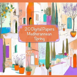 Zestaw 20 papierów cyfrowych Mediterranean Spring, zrób to sam: tworzenie kartek, artykuły do dziennika śmieci, zestaw do scrapbookingu, kolaż, do użytku komercyjnego!