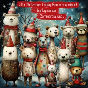 Pacchetto di 35 stravaganti e stravaganti clipart di orsacchiotti di Natale + 20 sfondi + fogli stampabili, per scrapbooking, diario spazzatura, uso commerciale!