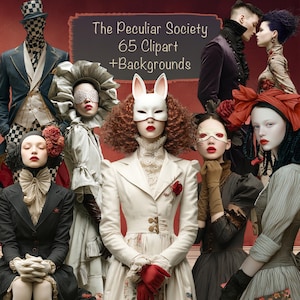 Può includere: Immagine di arte digitale con diverse figure in costumi e maschere elaborate. Le figure sono vestite con un mix di stili vittoriani e fantasy, con un'estetica oscura e teatrale. Il testo "The Peculiar Society 65 Clipart + Backgrounds" è visualizzato.