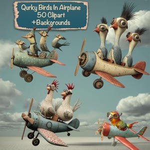 Puede incluir: Una pieza de arte digital caprichosa que presenta varios aviones de estilo vintage, cada uno pilotado por pájaros extravagantes. Los aviones están pintados en colores pastel con detalles de hélice. La imagen incluye el texto "Quirky Birds In Airplane 50 Clipart + Backgrounds".