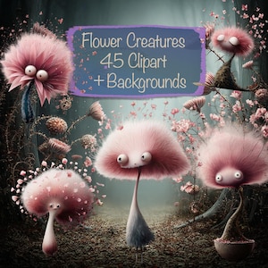 May include: An illustration featuring whimsical flower creatures with large, expressive eyes and fluffy, pink petal-like heads. The image includes the text "Flower Creatures 45 Clipart + Backgrounds" on a purple banner, set against a forest backdrop.