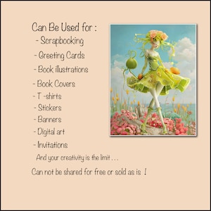 May include: A digital illustration of a whimsical fairy with green hair and a yellow dress, standing in a field of flowers. The fairy is holding a green fruit and has a flower crown on her head. The text "Can Be Used for:" is written in black on a peach background. The text lists various uses for the image, including scrapbooking, greeting cards, book illustrations, book covers, t-shirts, stickers, banners, digital art, and invitations. The text also states that the image cannot be shared for free or sold as is.
