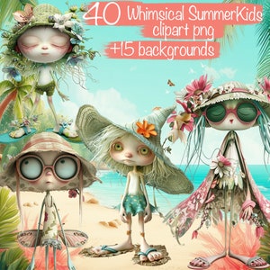 40 extravagantes y caprichosas criaturas de playa Clipart Png + 15 fondos - ¡Para hacer tarjetas de bricolaje, collages, álbumes de recortes, diario basura, uso comercial!