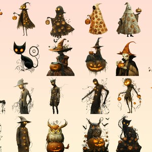 May include: A collection of 25 Halloween-themed illustrations featuring various characters and creatures, including ghosts, witches, owls, cats, and mummies. Each illustration features a unique design with glowing pumpkins and intricate details.