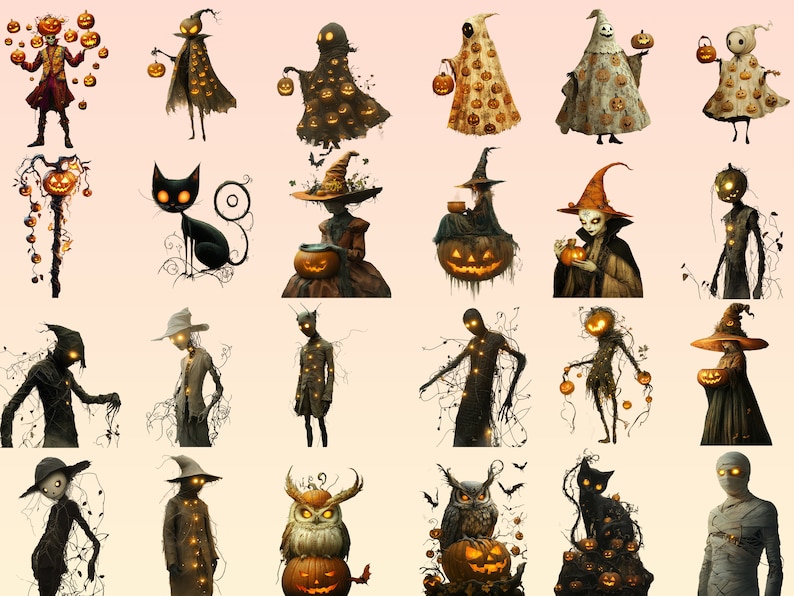 May include: A collection of 25 Halloween-themed illustrations featuring various characters and creatures, including ghosts, witches, owls, cats, and mummies. Each illustration features a unique design with glowing pumpkins and intricate details.