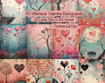 40 Whimsical Valentine Digital Papers, Pastel Muted Tones - Mixed Media Quirky Backgrounds, Scrapbook, Junk Journal, Cards, Commercial use!