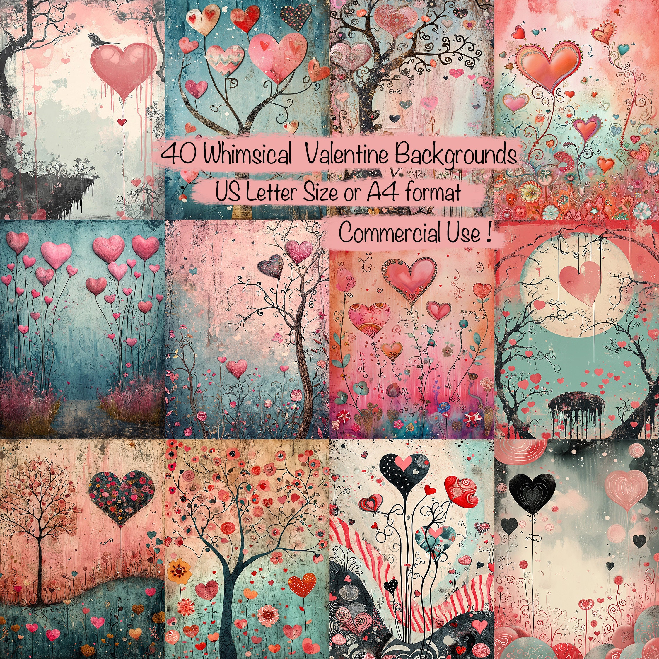 40 Whimsical Valentine Digital Papers, Pastel Muted Tones - Mixed