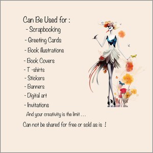 Pu&ograve; includere: Un'illustrazione digitale di una donna con una testa di uccello che indossa un vestito bianco con accenti blu e rossi. &Egrave; in piedi in un campo di fiori con farfalle. Il testo "Can Be Used for: - Scrapbooking - Greeting Cards - Book illustrations - Book Covers - T-shirts - Stickers - Banners - Digital art - Invitations And your creativity is the limit... Can not be shared for free or sold as is!" &egrave; scritto sul lato sinistro dell'immagine.