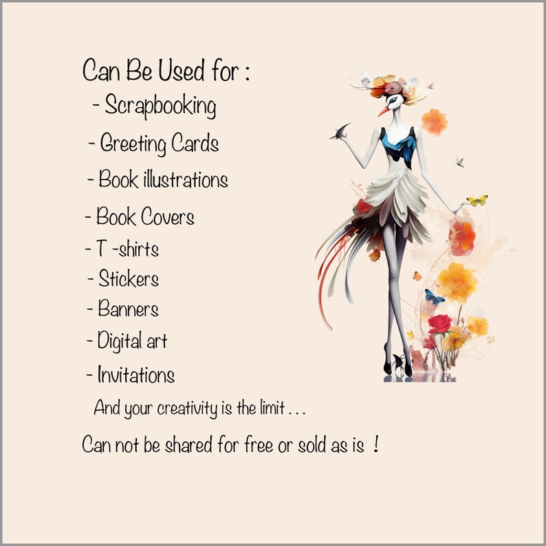 Pu&ograve; includere: Un'illustrazione digitale di una donna con una testa di uccello che indossa un vestito bianco con accenti blu e rossi. &Egrave; in piedi in un campo di fiori con farfalle. Il testo "Can Be Used for: - Scrapbooking - Greeting Cards - Book illustrations - Book Covers - T-shirts - Stickers - Banners - Digital art - Invitations And your creativity is the limit... Can not be shared for free or sold as is!" &egrave; scritto sul lato sinistro dell'immagine.