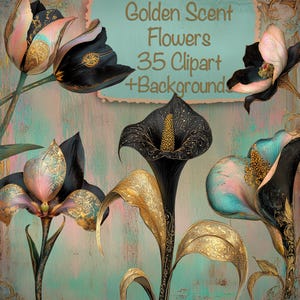 Flores con aroma dorado 35 PNG + 10 fondos, bricolaje, tarjetas, kit de diario basura, suministros para álbumes de recortes, uso comercial.