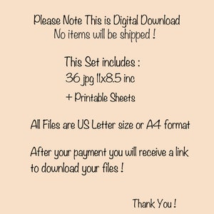 K&ouml;nnte beinhalten: Ank&uuml;ndigung zum digitalen Download auf beigem Hintergrund. Text enth&auml;lt: &bdquo;Bitte beachten Sie, dies ist ein digitaler Download, es werden keine Artikel versendet!&ldquo; und &bdquo;Dieses Set beinhaltet: 36 jpg 27,94 cm x 21,59 cm + druckbare Bl&auml;tter&ldquo;. Formate US Letter oder A4.