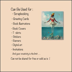 May include: A digital illustration of a person wearing a red and white dress and a yellow fishbowl on their head, standing in the water with fish swimming around them. The text "Can Be Used for:" is listed with a variety of uses for the image, including scrapbooking, greeting cards, book illustrations, book covers, t-shirts, stickers, banners, digital art, and invitations. The text "And your creativity is the limit... Can not be shared for free or sold as is!" is also included.