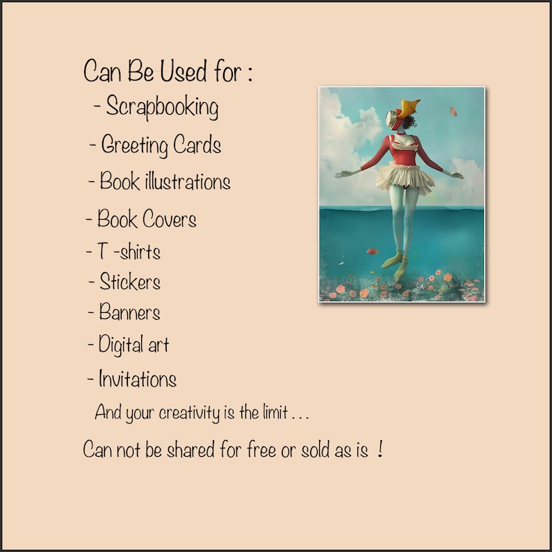 May include: A digital illustration of a person wearing a red and white dress and a yellow fishbowl on their head, standing in the water with fish swimming around them. The text "Can Be Used for:" is listed with a variety of uses for the image, including scrapbooking, greeting cards, book illustrations, book covers, t-shirts, stickers, banners, digital art, and invitations. The text "And your creativity is the limit... Can not be shared for free or sold as is!" is also included.