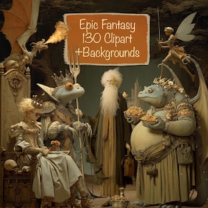 May include: An illustration featuring fantasy characters, including a dragon, a wizard, and a frog-like figure wearing a crown. The image has a medieval theme with a text overlay that reads "Epic Fantasy 130 Clipart + Backgrounds."