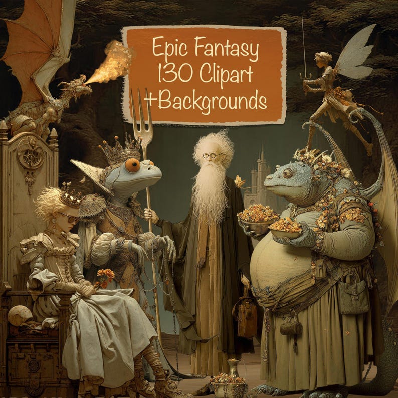 May include: An illustration featuring fantasy characters, including a dragon, a wizard, and a frog-like figure wearing a crown. The image has a medieval theme with a text overlay that reads "Epic Fantasy 130 Clipart + Backgrounds."