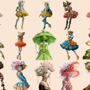 May include: A collection of 15 whimsical illustrations featuring women wearing elaborate hats and dresses made of fruits, vegetables, and flowers. The illustrations are colourful and detailed, with a variety of textures and patterns.