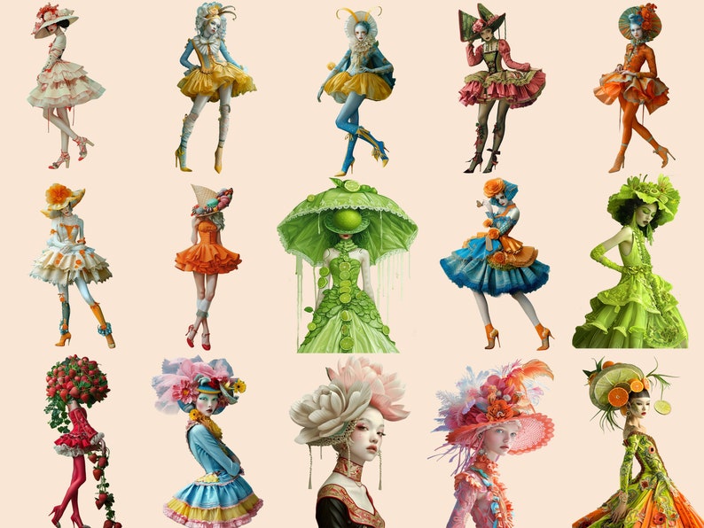 May include: A collection of 15 whimsical illustrations featuring women wearing elaborate hats and dresses made of fruits, vegetables, and flowers. The illustrations are colourful and detailed, with a variety of textures and patterns.