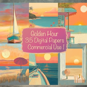 Pacote de 35 papéis digitais Summer Golden Hour, criação de cartões faça você mesmo, suprimentos para diário, kit de scrapbooking, colagem, uso comercial!