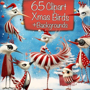 ¡Paquete de 65 pájaros navideños caprichosos PNG + 20 fondos, bricolaje, tarjetas, kit de diario basura, suministros para álbumes de recortes, uso comercial!