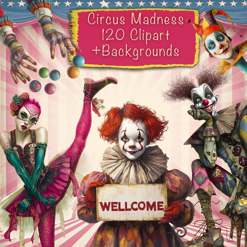 120 Unique Quirky Circus Clipart PNG + 45 Backgrounds, Cards, Junk ...