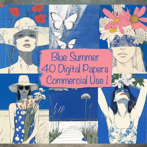 Paquete de 40 papeles digitales Blue Summer, fabricación de tarjetas DIY, suministros para diarios basura, kit de álbumes de recortes, collage, uso comercial.