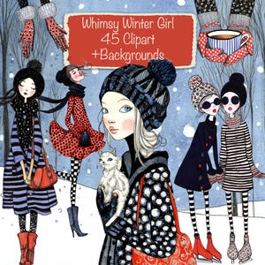 May include: An illustration featuring whimsical winter girls in a snowy scene. The artwork includes figures in winter attire, such as coats, hats, and scarves, with a red banner that reads "Whimsy Winter Girl 45 Clipart + Backgrounds."