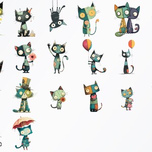 May include: A collection of whimsical cat illustrations in various poses. Each cat has a unique patchwork design, with colors including green, blue, orange, and black. Some cats hold flowers, balloons, or umbrellas, while others are upside down.