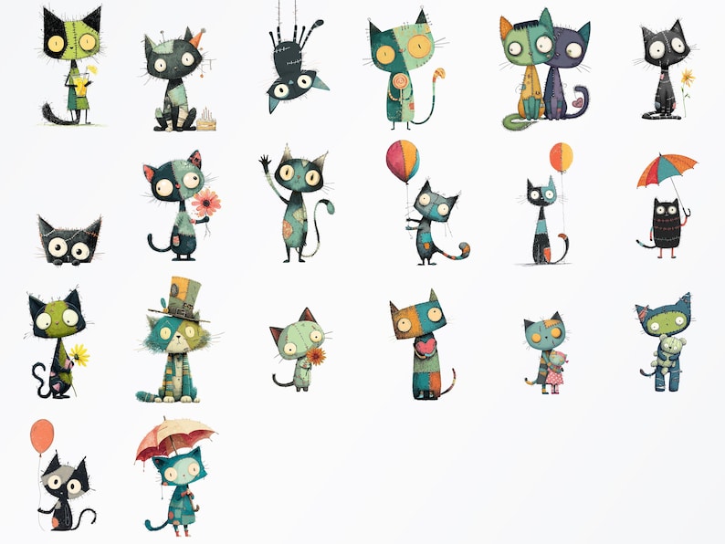 May include: A collection of whimsical cat illustrations in various poses. Each cat has a unique patchwork design, with colors including green, blue, orange, and black. Some cats hold flowers, balloons, or umbrellas, while others are upside down.