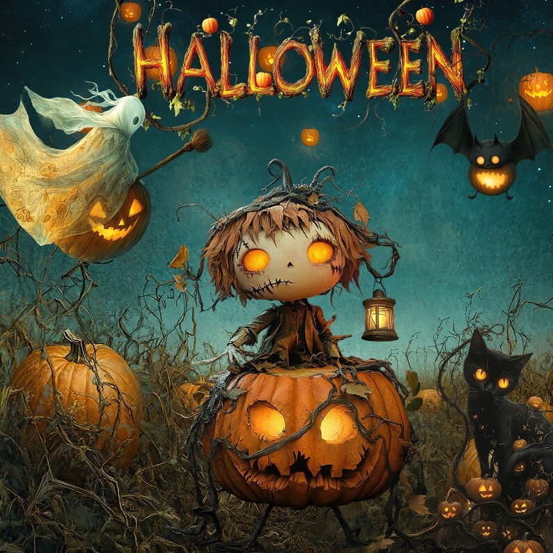 May include: A Halloween scene with a jack-o'-lantern, a ghost, a small doll with a lantern, a black cat, and many pumpkins. The text "HALLOWEEN" is written in the background.