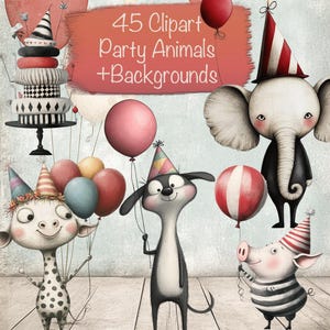 Lot de 45 cliparts mignons fêtards PNG + 10 arrière-plans, fabrication de cartes DIY, kit de journal indésirable, fournitures de scrapbooking, usage commercial !
