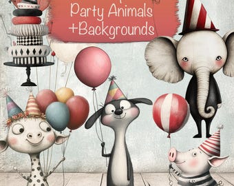 45 PNG Cute Party Animals Clipart Bundle  + 10 Backgrounds, DIY Card Making, Junk Journal Kit, Scrapbooking Supplies, Commercial use!