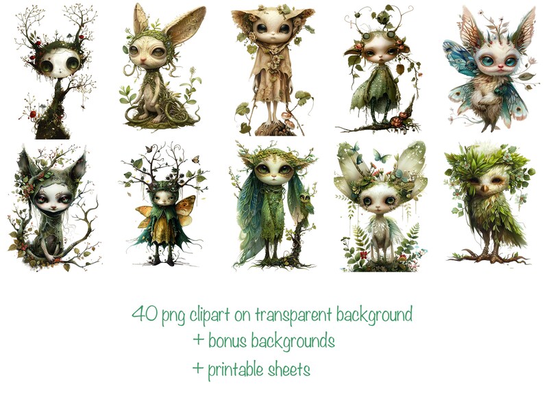 May include: A set of ten digital illustrations featuring whimsical, nature-inspired creatures with intricate details. Each creature is depicted with a unique combination of animal and plant elements, creating a magical and enchanting aesthetic.