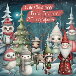 Set di 35 stravaganti creature della foresta natalizia Clipart Png su sfondo trasparente + 12 sfondi - Fogli stampabili, forniture per album!