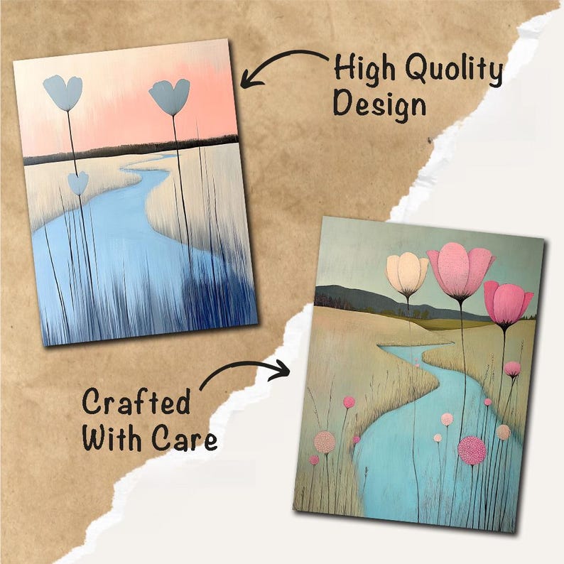 Puede incluir: Dos pinturas abstractas que representan un r&iacute;o sinuoso con flores estilizadas. La primera pintura presenta un r&iacute;o azul y flores azules sobre un fondo de cielo rosa y blanco. La segunda pintura presenta un r&iacute;o azul y flores rosas sobre un fondo de cielo azul y verde. Ambas pinturas tienen un estilo caprichoso y moderno.