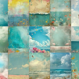 May include: A collage of 16 images featuring a variety of nature scenes, including ocean waves, clouds, flowers, and birds. The images are arranged in a grid pattern and have a vintage, faded aesthetic.