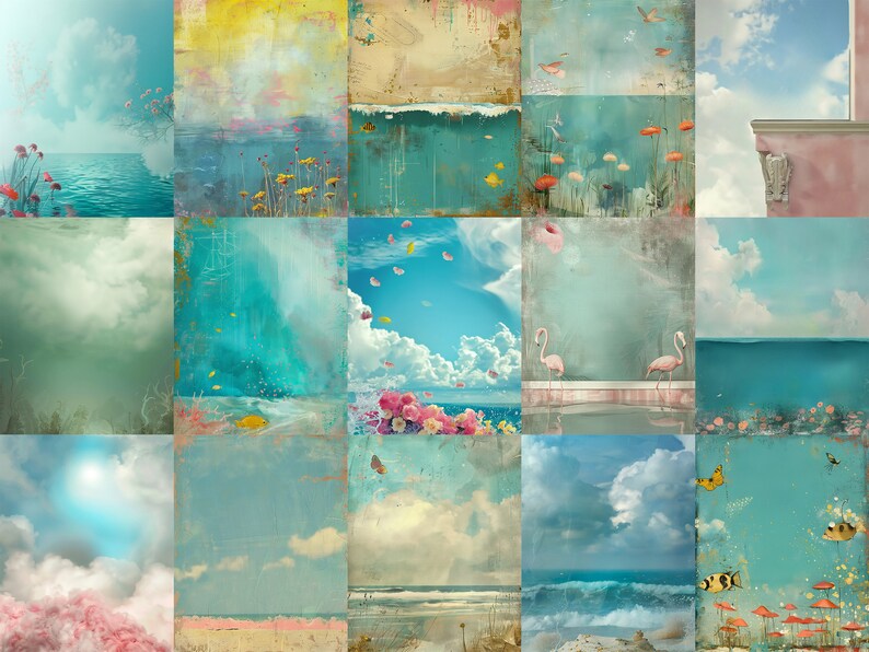 May include: A collage of 16 images featuring a variety of nature scenes, including ocean waves, clouds, flowers, and birds. The images are arranged in a grid pattern and have a vintage, faded aesthetic.