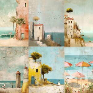 K&ouml;nnte beinhalten: Ein sechsteiliges Kunstwerk, das K&uuml;stenszenen zeigt. Die Tafeln zeigen Geb&auml;ude, Str&auml;nde und das Meer in einer ged&auml;mpften Farbpalette. Palmen, Sonnenschirme und Boote sind zu sehen. Der Stil erinnert an Vintage-Reiseposter.