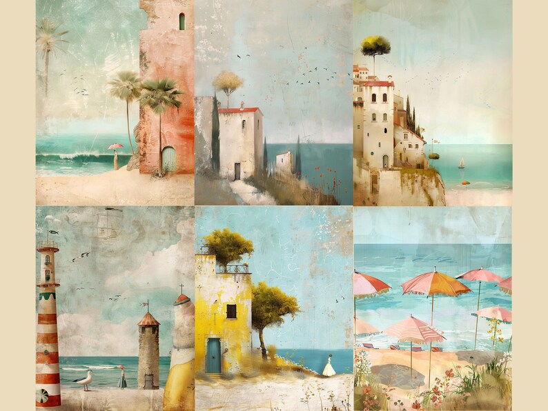 K&ouml;nnte beinhalten: Ein sechsteiliges Kunstwerk, das K&uuml;stenszenen zeigt. Die Tafeln zeigen Geb&auml;ude, Str&auml;nde und das Meer in einer ged&auml;mpften Farbpalette. Palmen, Sonnenschirme und Boote sind zu sehen. Der Stil erinnert an Vintage-Reiseposter.